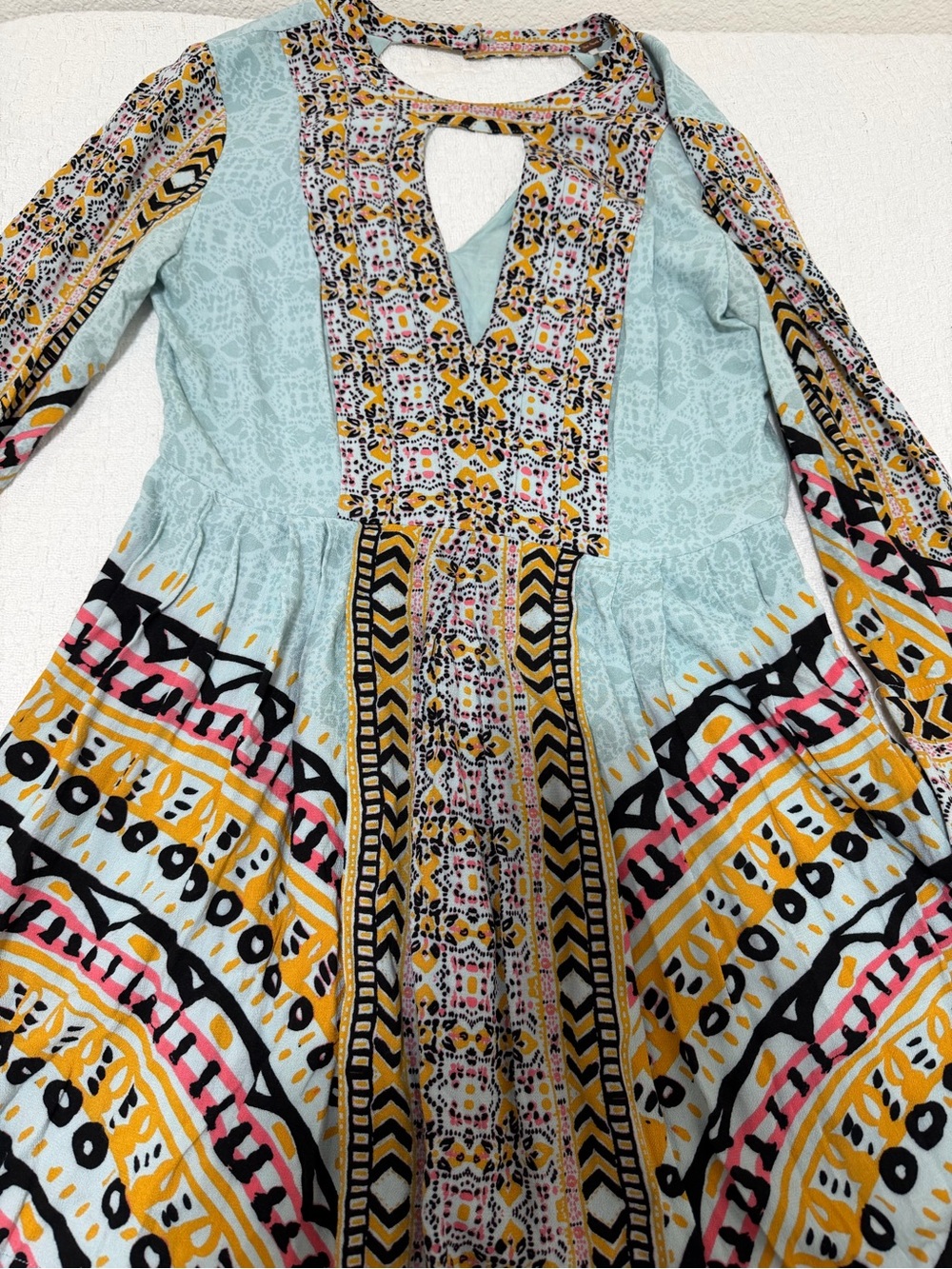 Free People Mini Dress in Light Blue, Mustard & Black
